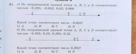 На координатной прямой точки А, В, С и Д соответствуют числам -0.205; -0,052; 0,02; 0,008. Какой точке соответствует число 0,052?