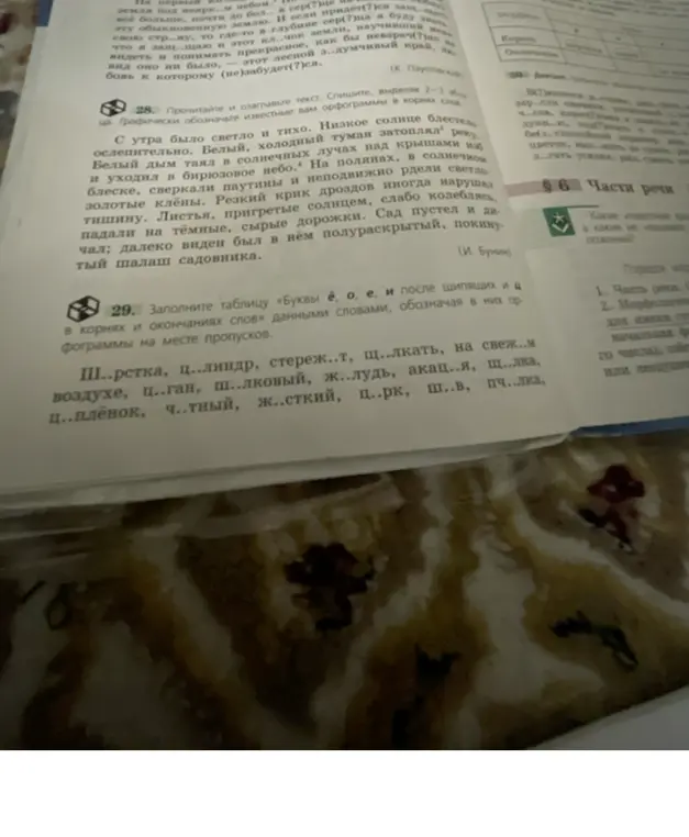 Заполни таблицу «Буквы ё, о, е, и после шипящих и ц в корнях и окончаниях слов» данными словами, обозначая в них орфограммы на месте пропусков.