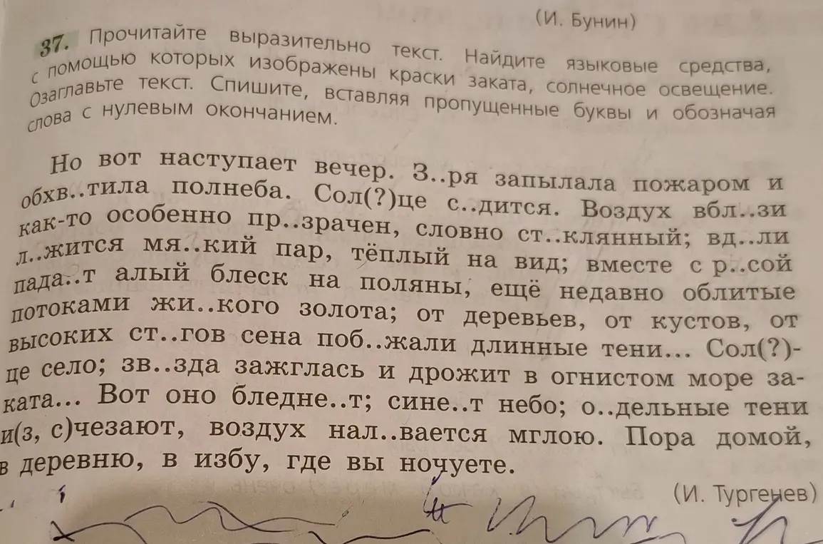 Объясни, как выполнить упражнение: прочитать выразительно текст, озаглавить текст, списать, вставляя пропущенные буквы и обозначая слова с нулевым окончанием, найти языковые средства, с помощью которых изображены краски заката, солнечное освещение.