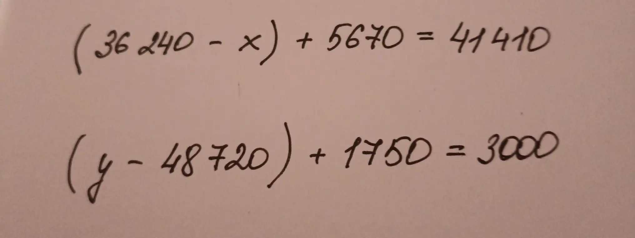 Реши уравнения: (36240 - x) + 5670 = 41410 и (y-48720) + 1750 = 3000