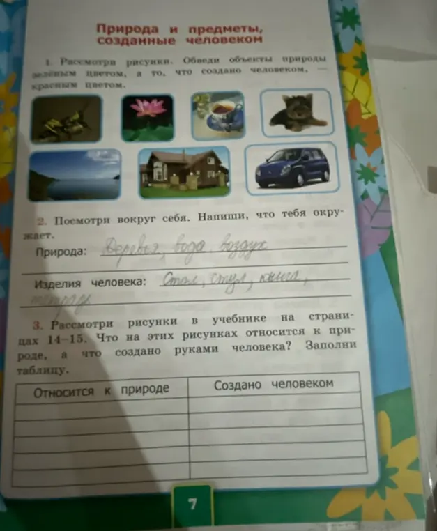 Предложи таблицу для заполнения по заданию: Что на этих рисунках относится к природе, а что создано руками человека?