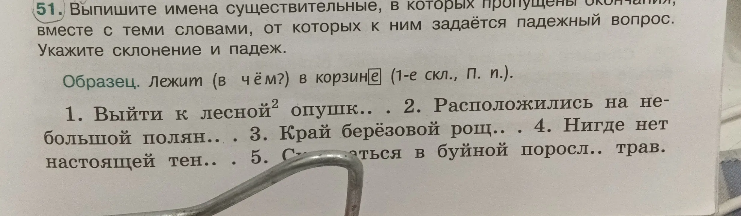Выполни задание: Выпиши имена существительные в первом предложении, в которых пропущены окончания, вместе с теми словами, от которых к ним задаётся падежный вопрос, укажи склонение и падеж