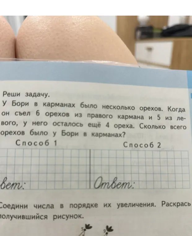 Реши задачу: У Бори в карманах было несколько орехов. Когда он съел 6 орехов из правого кармана и 5 из левого, у него осталось ещё 4 ореха. Сколько всего орехов было у Бори в карманах?