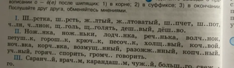 Заполни пропуски в словах, вставляя буквы О или Е/Ё после шипящих
