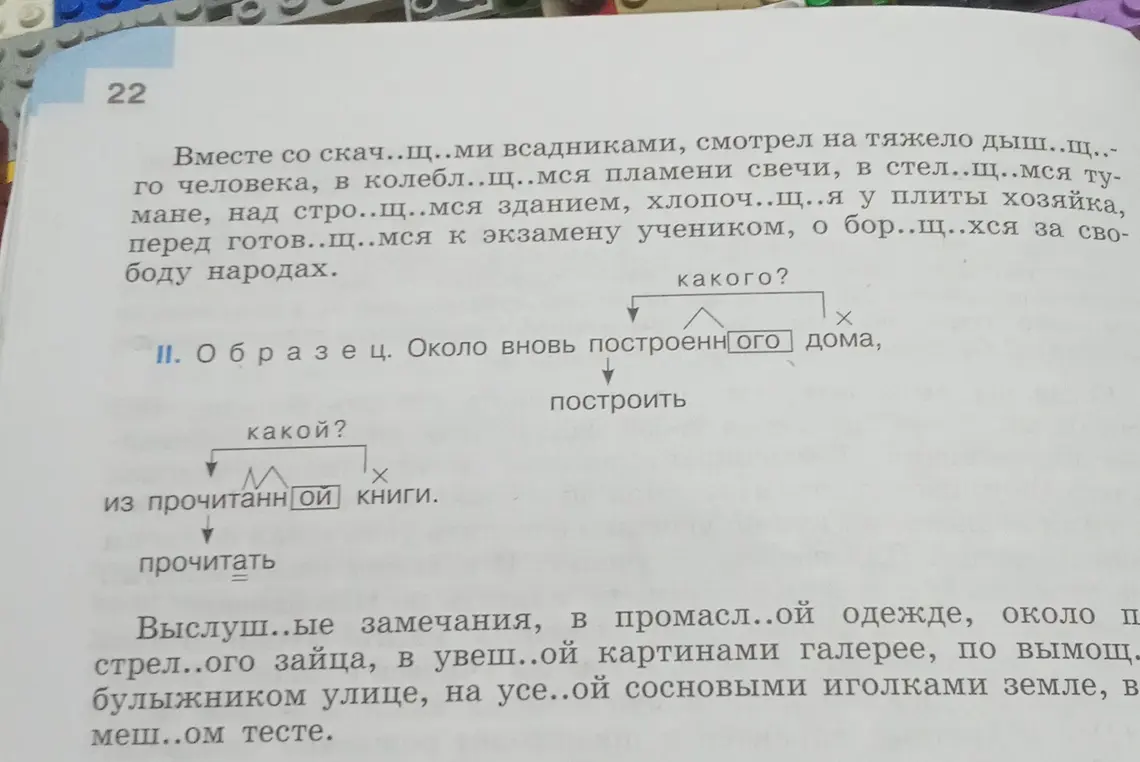 Выпиши словосочетания, построенные по схеме «причастие + существительное», обозначь написание суффикса и окончания причастия. а) У читающего ученика