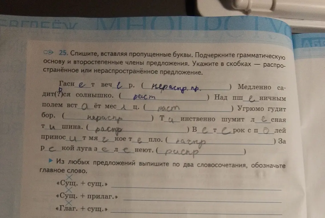 Спиши, вставляя пропущенные буквы. Подчеркни грамматическую основу и второстепенные члены предложения. Укажи в скобках распространённое или нераспространённое предложение в первом пункте.