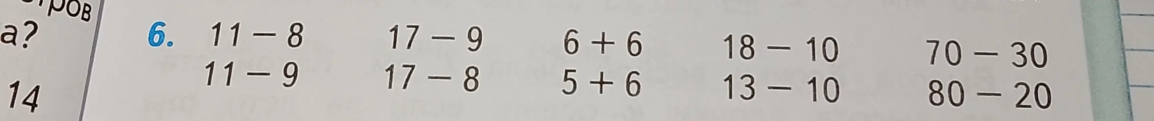 Реши примеры: 11-8, 11-9, 17-9, 17-8, 6+6, 5+6, 18-10, 13-10, 70-30, 80-20