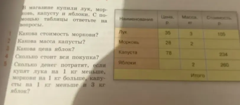 Вычисли стоимость моркови, массу капусты, цену яблок, общую стоимость покупки и стоимость новой покупки с измененным количеством продуктов