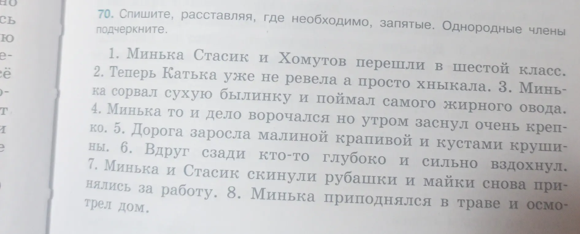 Расставь запятые и подчеркни однородные члены в предложении 'Минька Стасик и Хомутов перешли в шестой класс'.