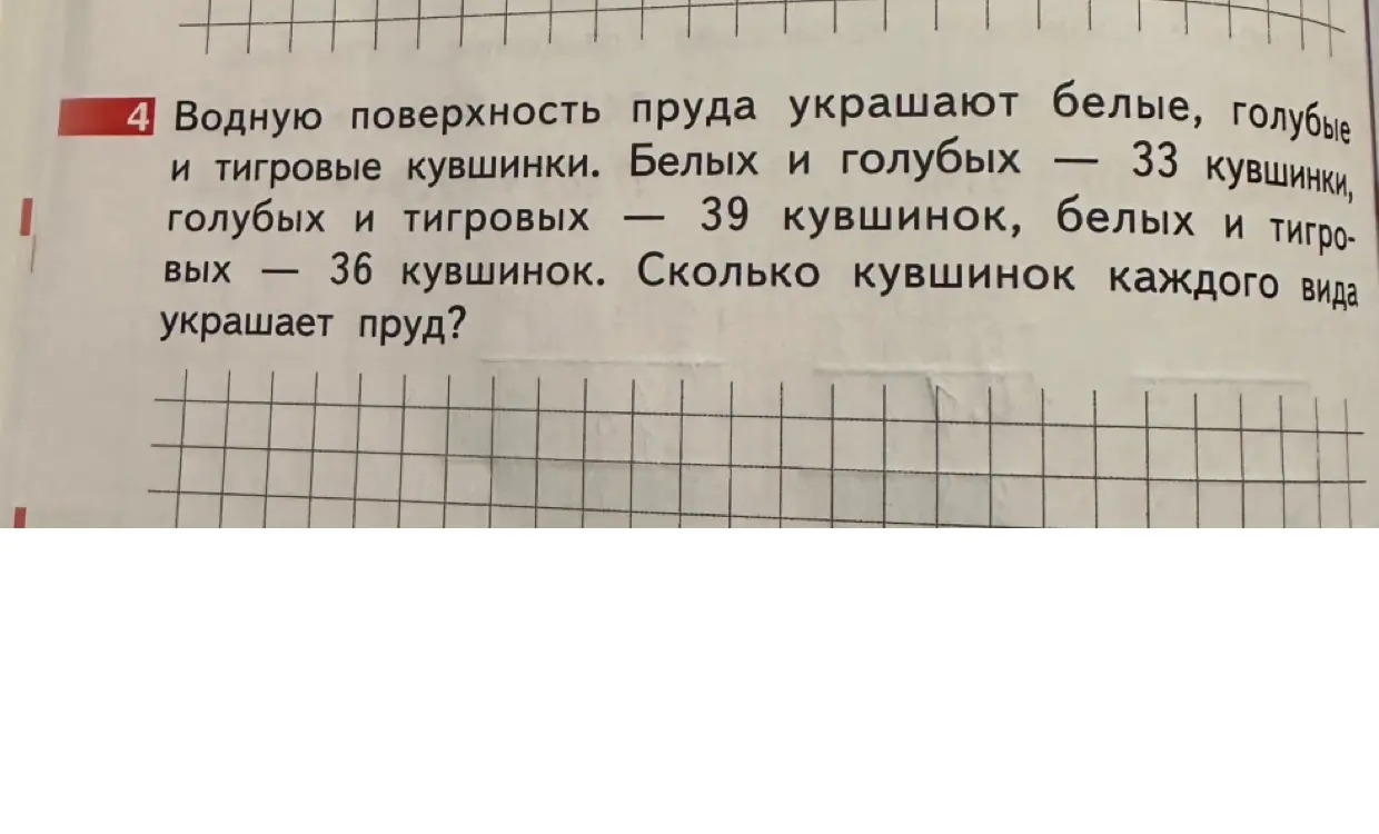 Сколько кувшинок каждого вида украшает пруд, если белых и голубых 33, голубых и тигровых 39, белых и тигровых 36?
