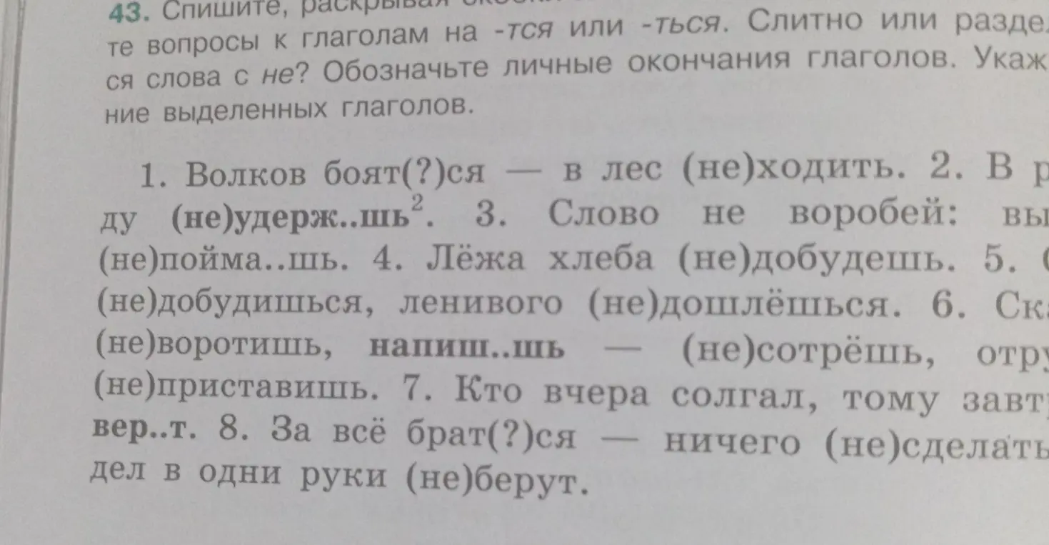 Помоги с заданием: спиши, раскрывая скобки, вставь вопросы к глаголам на -тся или -ться в упражнении 43 под цифрой 1: Волков боят(?)ся - в лес (не)ходить