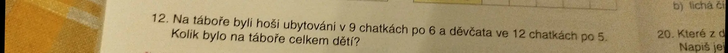 Ты просишь меня посчитать, сколько всего детей было в лагере, если мальчики жили в 9 домиках по 6 человек, а девочки в 12 домиках по 5 человек