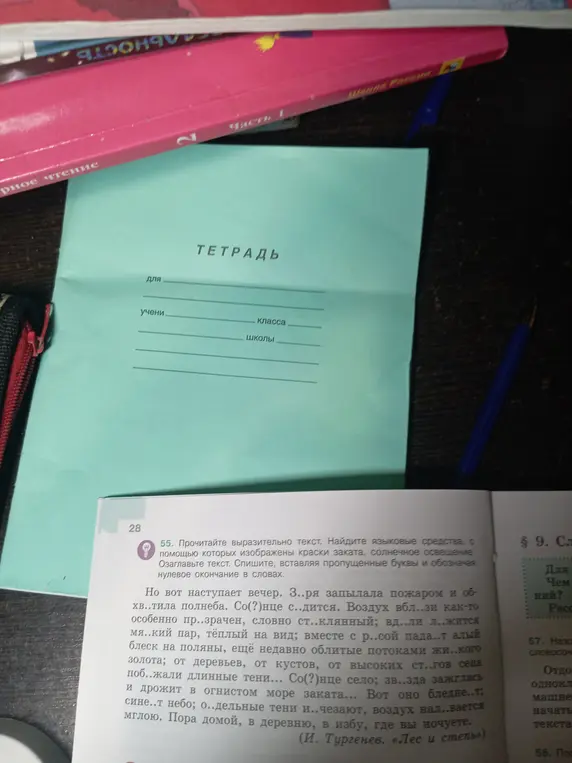 Прочитай выразительно текст, найди языковые средства, с помощью которых изображены краски заката, солнечное освещение, озаглавь текст, спиши, вставляя пропущенные буквы и обозначая нулевое окончание в словах