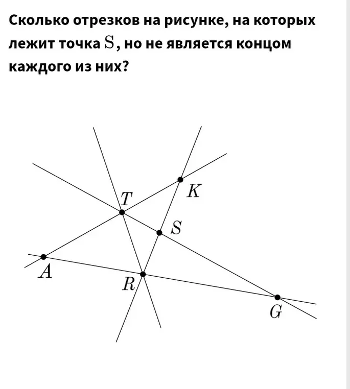 Сколько отрезков на рисунке, на которых лежит точка S, но не является концом каждого из них?