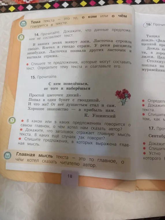Определи тему текста в упражнении 14 и в каком предложении упражнения 15 говорится о самом главном.