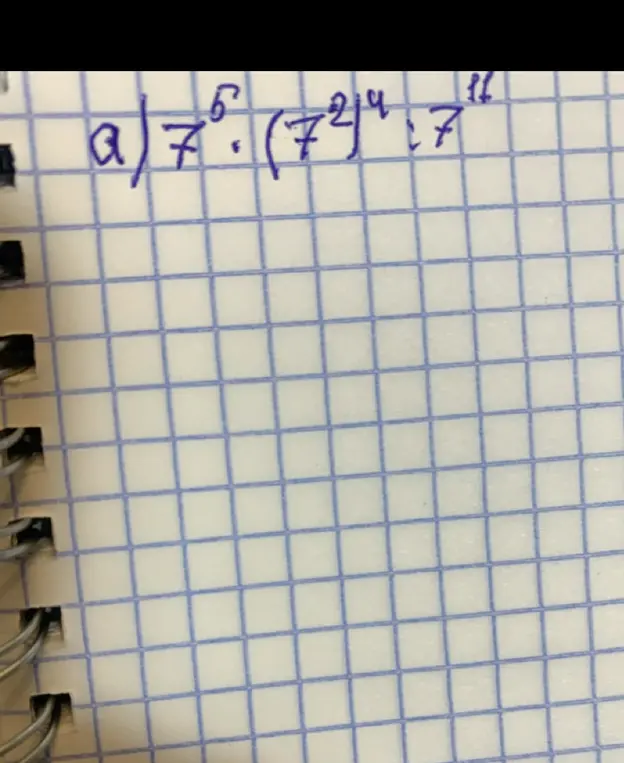 Вычисли выражение $7^5 \cdot (7^2)^4 : 7^{16}$