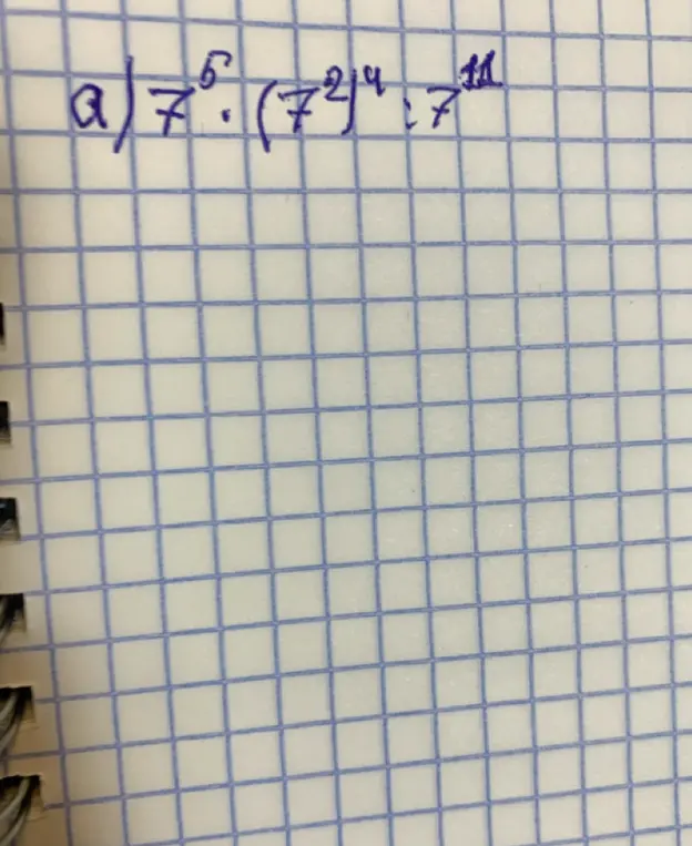 Реши пример a) 7^6 \cdot (7^2)^4 : 7^{11}