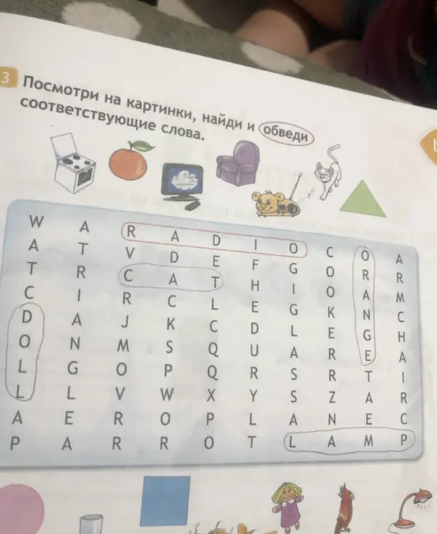 Ты просишь найти и обвести слова, соответствующие картинкам.