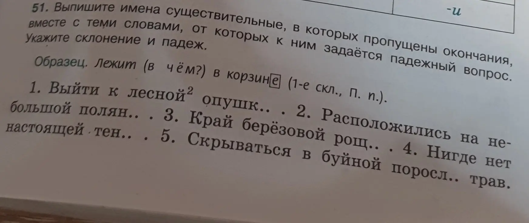 Выпиши имена существительные, в которых пропущены окончания вместе с теми словами, от которых к ним задаётся падежный вопрос, и укажи склонение и падеж для словосочетания «Выйти к лесной опушк...»