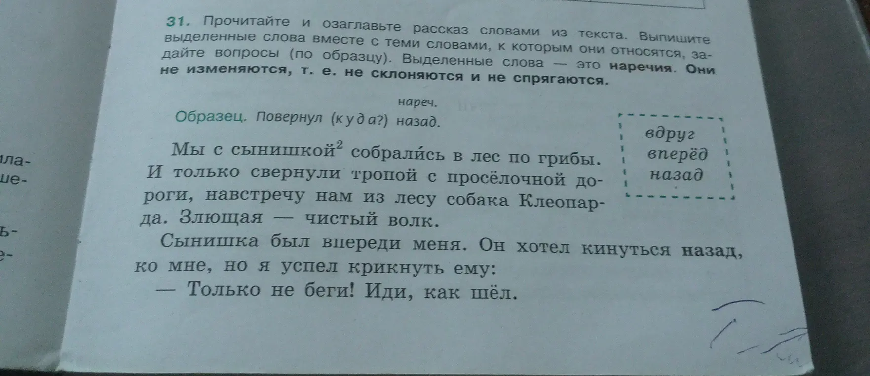 Выполни упражнение: озаглавь рассказ словами из текста и выпиши выделенные слова вместе с теми словами, к которым они относятся, задай вопросы.