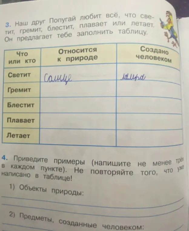 Заполни таблицу: что или кто относится к природе; приведи примеры объектов природы