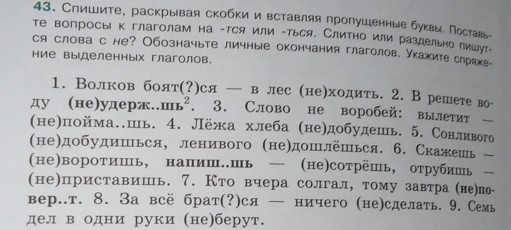 Выполни, раскрывая скобки и вставляя пропущенные буквы в предложенные предложения. Обозначь личные окончания глаголов и укажи спряжение выделенных глаголов в первом упражнении