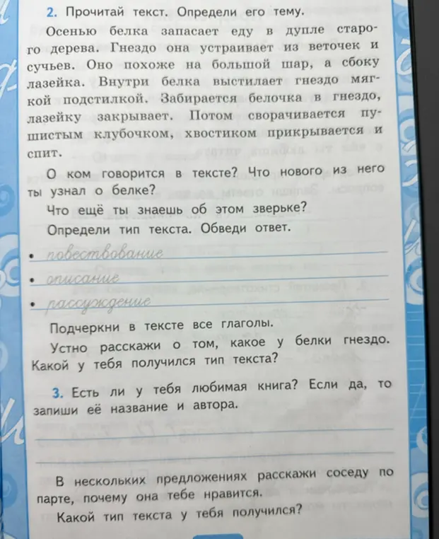 Ты просишь прочитать текст про белку, определить его тему, ответить на вопросы по тексту, определить тип текста и подчеркнуть все глаголы.