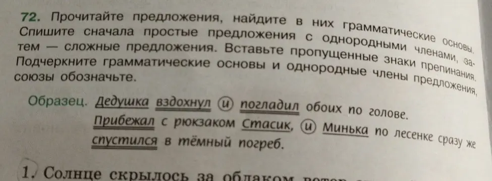 Прочитай предложения, найди в них грамматические основы, спиши сначала простые предложения с однородными членами, затем сложные предложения. Предложение номер один: «Солнце скрылось за облаком».