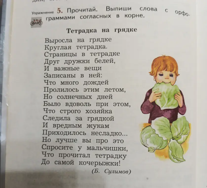 Выпиши слова с орфограммами согласных в корне из стихотворения "Тетрадка на грядке"