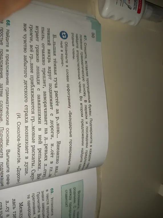 Помоги мне вставить пропущенные буквы, подчеркнуть грамматическую основу и найти однородные члены в предложениях.