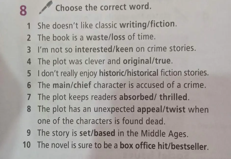 Выбери правильное слово в предложении: She doesn't like classic writing/fiction.