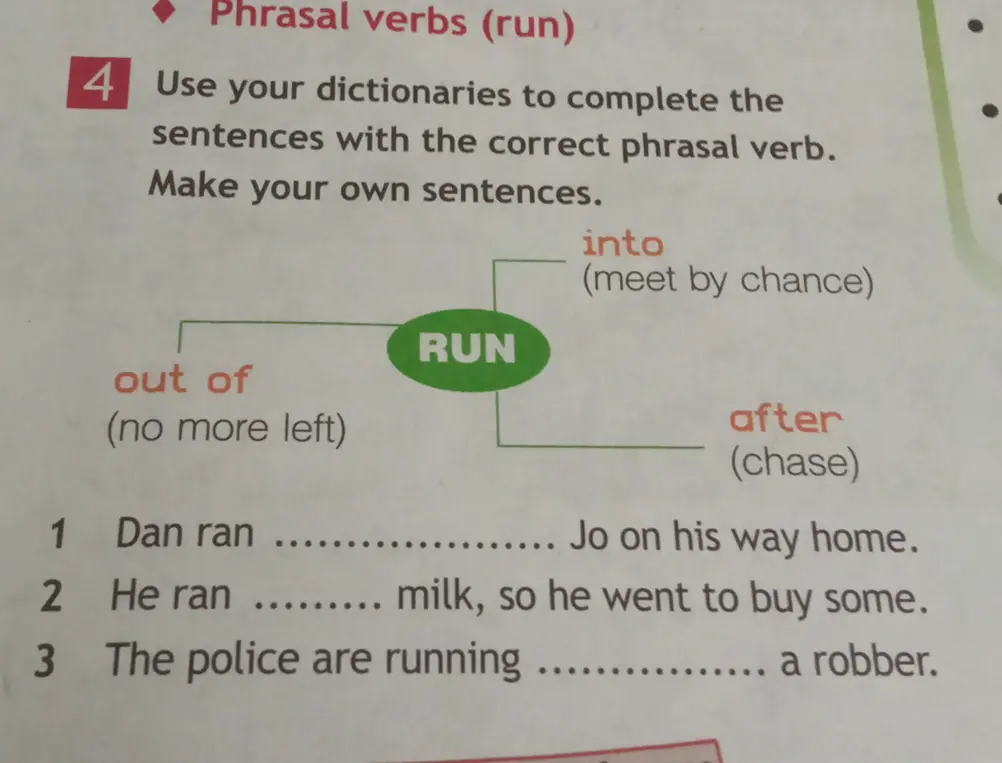 Заполни предложения, используя фразовые глаголы с 'run'