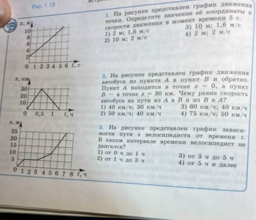 Можешь помочь определить координату и скорость движения точки в момент времени 5 с; чему равна скорость автобуса на пути из А в В и из В в А; в каком интервале времени велосипедист не двигался?