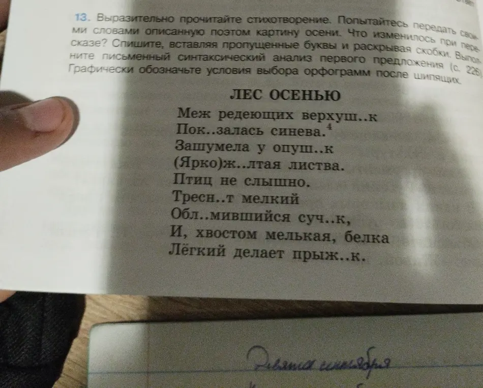 Помоги вставить пропущенные буквы и раскрыть скобки в стихотворении, а также выполнить письменный синтаксический анализ первого предложения