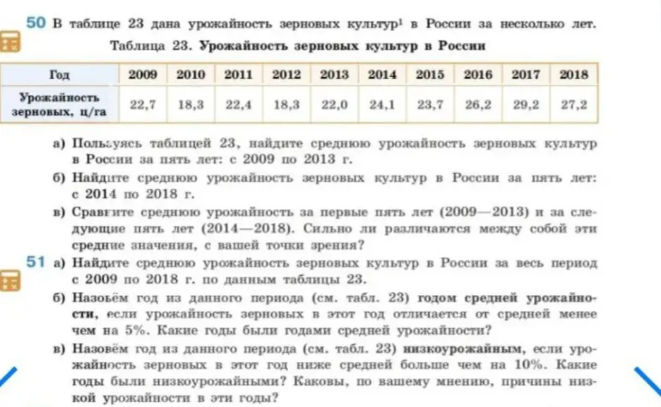 Помоги мне найти среднюю урожайность зерновых культур в России за пять лет: с 2009 по 2013 г. по данным таблицы 23.