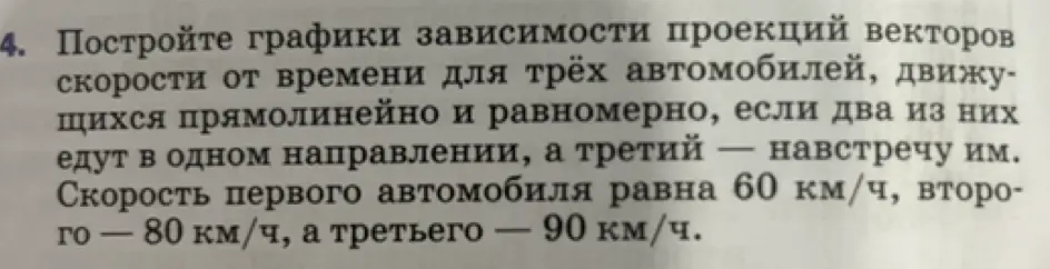 Построй графики зависимости проекций векторов скорости от времени для трёх автомобилей, движущихся прямолинейно и равномерно, если два из них едут в одном направлении, а третий — навстречу им. Скорость первого автомобиля равна 60 км/ч