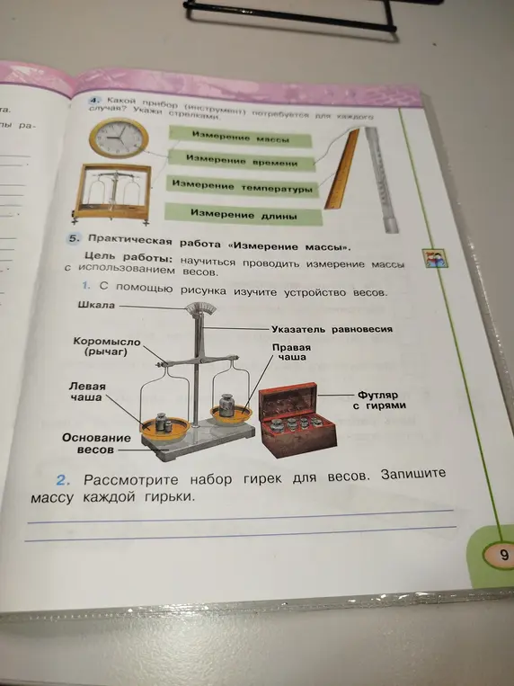 Какой прибор нужен для каждого случая и чему равна масса каждой гирьки?