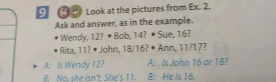 Выполни задание "Ask and answer, as in the example" для Bob, Sue, Rita и Ann