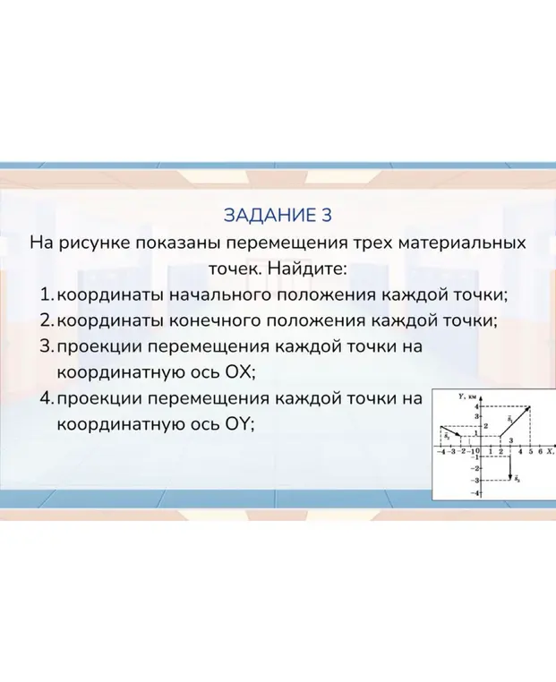 Ты просишь найти координаты начального и конечного положения каждой точки, проекции перемещения каждой точки на координатную ось ОХ и проекции перемещения каждой точки на координатную ось OY.