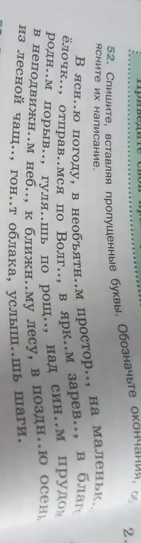 Спиши, вставляя пропущенные буквы в текст: 'В ясн..ю погоду, в необъятн.. м простор.., на маленьк..'