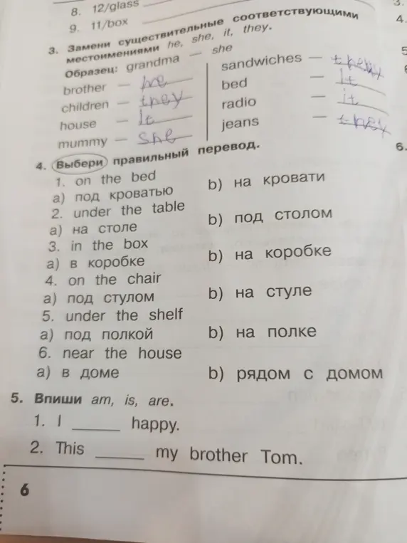 Помоги мне заменить существительные на местоимения, выбрать правильный перевод и вписать am, is, are.