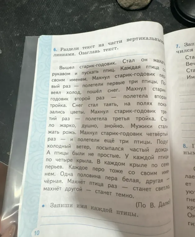 Раздели текст на части вертикальными линиями и озаглавь текст. Запиши имя каждой птицы.