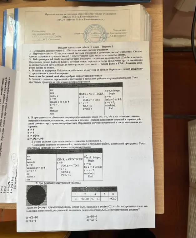 Определи значение переменной a после выполнения алгоритма и какая из формул, приведённых ниже, может быть записана в ячейке C2?