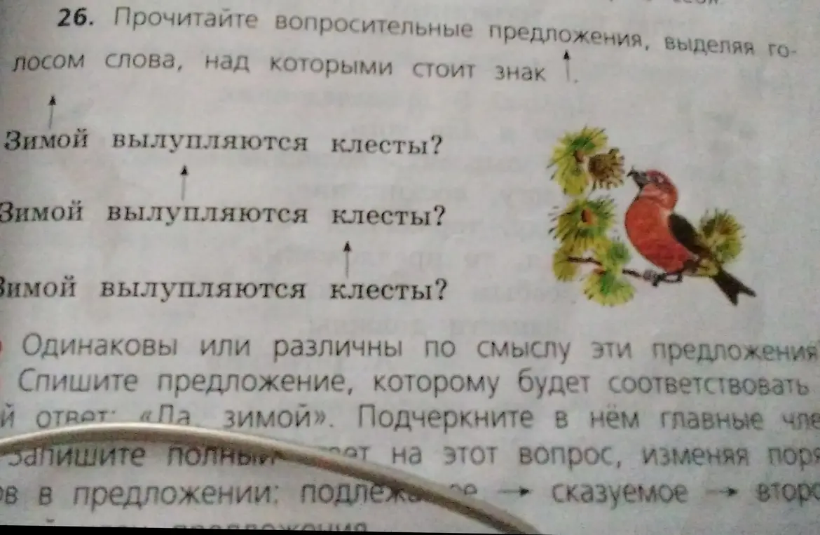 Выполни задание 26: прочитай вопросительные предложения, выделяя голосом слова, над которыми стоит знак