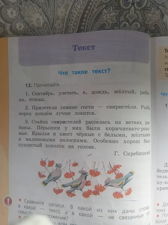 Сравни записи. В какой записи дан текст, а в какой - не связанные по смыслу предложения?