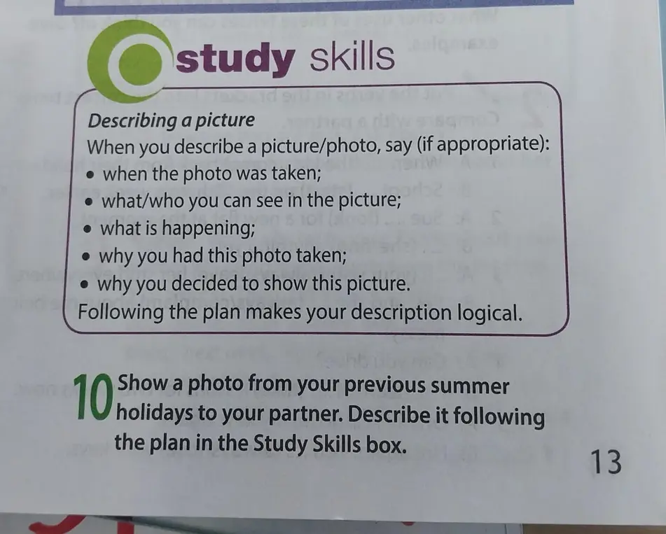 Опиши фотографию с летних каникул, используя план из Study Skills box
