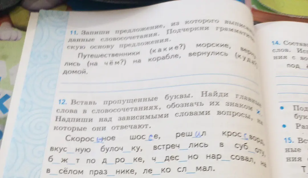 Напиши предложение, из которого выписаны словосочетания и вставь пропущенные буквы в слова.