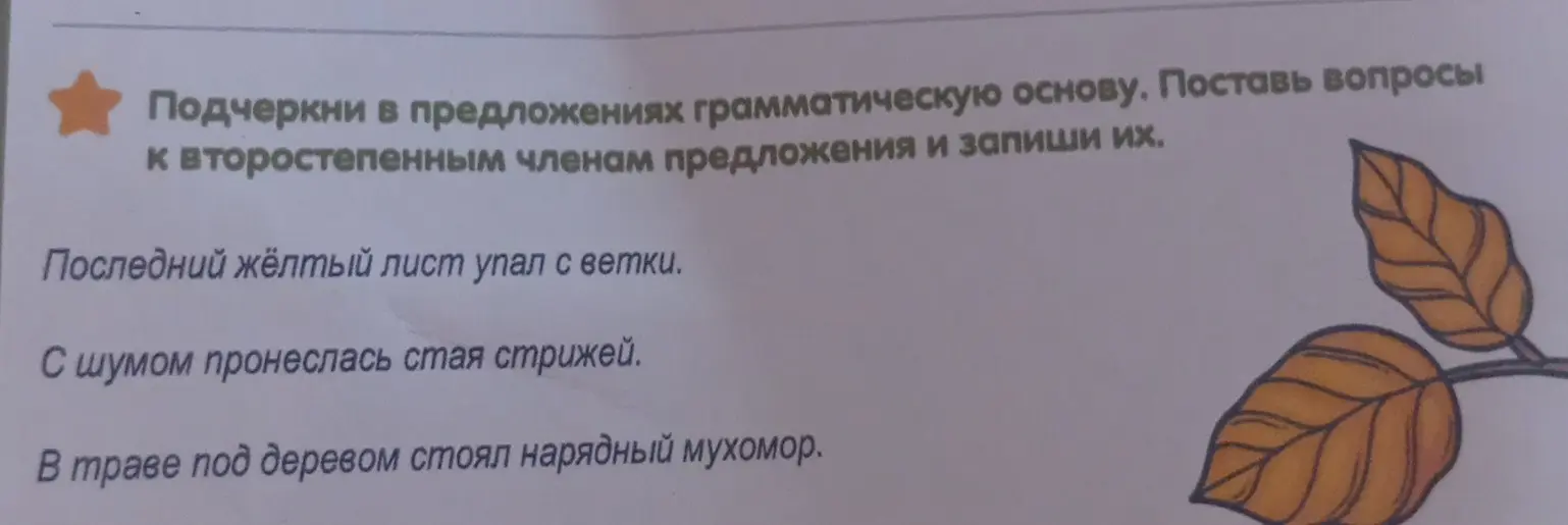 Подчеркни в предложении "Последний жёлтый лист упал с ветки" грамматическую основу, поставь вопросы к второстепенным членам предложения и запиши их