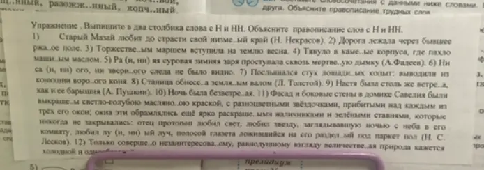 Выпиши в два столбика слова с Н и НН из упражнения, объясни правописание слов с Н и НН