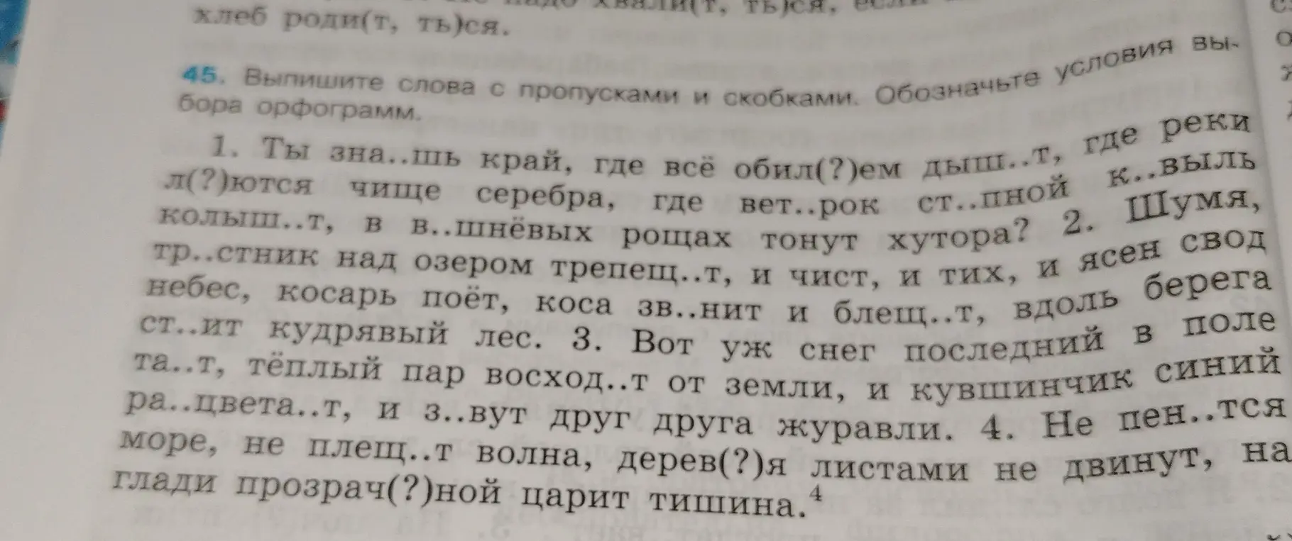 Выпиши слова с пропусками и скобками из текста и обозначь условия выбора орфограмм.
